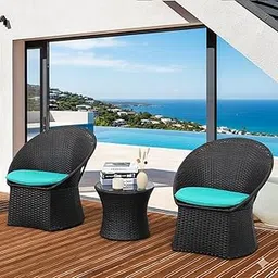 LOCCUS 3-Piece Garden & Patio Rattan Wicker Set – Outdoor Sofa Chairs and Center Table for Balcony, Terrace, or Poolside (Dark Brown & Sky Blue)-picture-23
