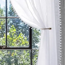 HOMEMONDE Cotton Sheer 8 Feet Curtains with Decorative Side Border Pompom Drapes for Long Door, Linen Textured, Light Filtering, Pack of 2, White - Grommet-picture-12