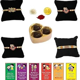 BOGATCHI Rakhi with chocolates gift pack, Rakhi and chocolate combo, Rakhi gift for brother with chocolate (3pcs)+Rakhi(4) +Roli Chawal+ Rakhi Story Card +Gold Coin with Rakhi Sweets, RKH3a41-image-59