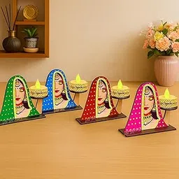 Divyakosh Traditional Rajasthani Lady Face Tea Light Candle Holder Set – Multicolor Wooden Decorative Diyas for Home, Festive Decor & Gifts (Set of 4)-picture-25