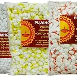 Pujahome Round Cotton Wicks,GOL Batti for Diya | Combo Pack of 3-2100 Wicks Each | White, Kesar & Chandan Variants | Ideal for Pooja, Aarti, Diwali, Navratri & Daily Worship -White, Kesar, Chandan image 1