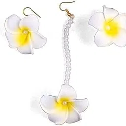 Laxmi Enterprises Flower Maang Tikka and Earrings Set for Wedding | Baby Shower | Haldi | Mehandi | Party in Yellow and Dark Pink Colour for Girls and Women-picture-38