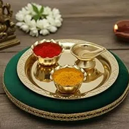 Brass Puja Thali Set with Kumkum Holders, Traditional Hindu Worship Plate with Decorative Border, Gold-image-76