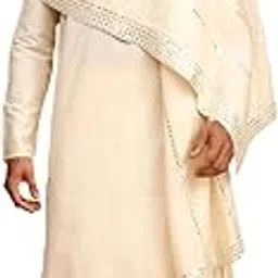 vastramay Men's Viscose Kurta, Pyjama & Dupatta Set | Solid Kurta And Pyjama Set on Fluid Viscose Fabric of Natural Yarn In Cream Color with Maroon Mirror Dupatta.-picture-36
