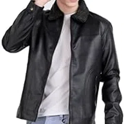 leather retail Men’s Black Faux Leather Jacket with Spread Collar-picture-30