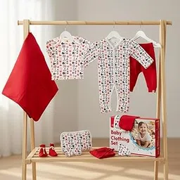 StarAndDaisy Newborn Baby Gift Set 12 Pieces –100% Pure Cotton, Infant Clothing Set with Body Suit, Mittens, Caps, Bibs & Socks, Perfect Baby Shower Gift -Boat Print-image-52