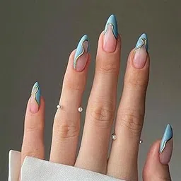 24 Press On Nails, Blue Ripple Design with Gold Edge, Stick On Nails for Women, Artificial Nails Extensions Kit for Weddings, Parties, Everyday Fashion image 1