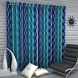 Home Sizzler 4 Piece Flower Damask Eyelet Polyester Door Curtains - 7 Feet, Blue-picture-14