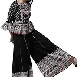 Black Cambric Floral Print Crop-Top Palazzo Set with Rubber-Band-image-49