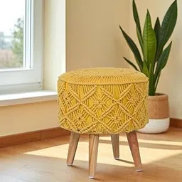 ShadowKart Sitting Solutions for Home - Wooden Frame Round Ottomans | Ottoman for Living Room | Bedroom, Study & Makeup Table | 16x16x18 Inch (Macrame)-picture-18