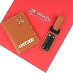 zingy gifts Premium Customized Leather Combo Set of Passport Holder and Bag Tag (Tan)-picture-44
