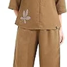 l&m Women's Brown Elegant Linen Co-ord Set – Embroidered Top with Relaxed Pants with Side Piping | Co Ord Set for Women Stylish | Travel Co Ord Set for Women-picture-21