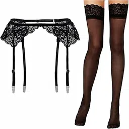 lidogirl Women's Lace Nights Garter Belt with Stockings Sheers, Black, One Size-picture-39