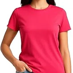 Inner Element Pure Cotton T-Shirt – for Women Fuschia Pink, Super Combed Cotton Relaxed Fit Solid Straight Hem Half Sleeve Tshirt for Ladies-image-0