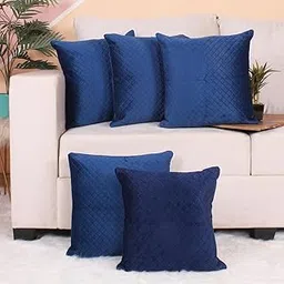 Hundur Store Both Side Quilted Velvet Cushion Cover Set of 5 – 14x14 Inch Decorative Throw Pillow Covers for Sofa, Couch, Bed | Soft Luxury Velvet Cushion Cases for Living Room & Bedroom Décor, Blue-picture-25