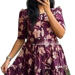 Women's Pink Floral Midi Dress, Square Neckline, Short Puff Sleeves, Tiered Rayon Summer Dress-picture-12