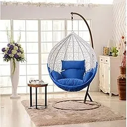 Single Seater Swing Chair with Stand & Cushion Outdoor Indoor Balcony Garden Patio,Powder Coated Frame,UV Protected Wicker,Cushion (SWIHN-White/Cushion-Blue)-picture-10
