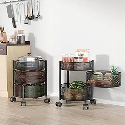 Homestic Pack of 2 Kitchen Storage Rack | 3 Layer Metal | Vegetable Rack for Kitchen | Revolving Vegetable & Fruit | Round Shape - Black-image-0