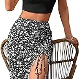 Women's Floral Print Midi Skirt with Drawstring Side Slit,Waist Midi Skirt for Spring |Summer|Women's Skirts Summer Knee Length Skirts-image-3