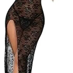 luxzii - a touch of luxury LUXZII Women's Sexy Lace Nightwear Dress with High Slit – Long Lingerie Gown & Panty Set – Women Sexy Sleepwear Dress (Black)-picture-25