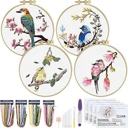 ERKOON 4 Sets Embroidery Kit for Beginners, Art Craft Handy Sewing Set Hummingbird and Flower Cross Stitch Starter Kits, DIY Embroidery Kits with Patterns and Instructions Hoops Needles Threads-image-18