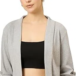 Women's Open Front Cardigan, Light Grey, Ribbed Knit, Roll-up Sleeves-image-29