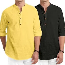 Men's Cotton Polyester Blend Short Kurta with Mandarin Collar Full Sleeve Button Closure Curved Regular Fit | Mens Wedding Kurta Stylish Latest | Combo Pack of 2-image-30