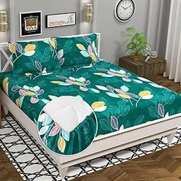 VAS COLLECTIONS Premium Cotton 160tc Elastic Fitted Bedsheets with 2 Pillow Covers | Double Bed with Corner Elastic Wrinkelfree Floral Pattren Breathable |Size-72 x 68 + 6 inches |Dark Green & Rust-image-54