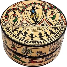 Multipurpose multi-colour Saurachitra Decorative round box Box-S-109| hand made hand painted tribal craft |storage box with lid| size 4 inch dia X 2.5 inch deep-image-90