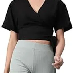oxolloxo Women V-Neck Short Sleeve with Tie-Knot Belt Cotton Crop Top-picture-12