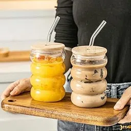 Skdbpm Juice Ice Drinks Glass Mug With Straw for Milk/Coffee/Green Tea - 400 Ml Transparent Printed Can Shape Cup Set With Wooden Lid (Pack of 1)-picture-21