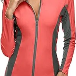 attraco Women's Rashguard Swimsuit Zip Front Sun Protection Swim Shirt UPF 50+, Coral, Large-picture-40