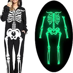 spooktacular creations Adult Skeleton Costumes for Women Glow in The Dark Jumpsuit Pajama Zip-Up Hooded Jumpsuit Halloween-picture-21
