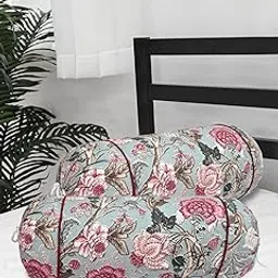 Clasiko® Cotton Bolster Covers; Set of 2; 210 TC; Multicolor Flowers On Light Green; 30x15 Inches image 1