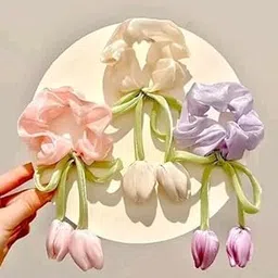 Balasundri Tulip Flower with Bow Ribbon Scrunchies Satin Silk Elastic Strechy Hair Ties Latest Stylish Rubber band Causal & Daily Use Trendy Fancy Ponytail Holder Hair band for Women & Girls Hair accessories (Multicolor 3Piece)-picture-11