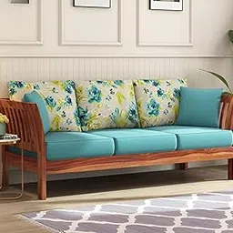 RATANDHARA FURNITURE Solid Sheesham Wood Wooden 3 Seater Sofa for Living Room - Sofa with Floral Cushions Seat - Elegance and Comfort Combined Design 3 (Honey Finish)-picture-10
