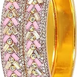 Trendy Golden Metal Bangles Set with Zircon Diamond Stone & Beads For Women & Girls | Stylish Kada Bangles Latest | Traditional Women's Kangan | Girl's Bangles Wedding, Party, Daily-Set of 2-image-1