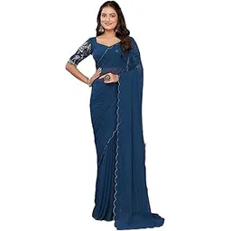pandadi saree Women's Georgette Saree With Embroidery Work Unstitched Blouse Piece-picture-11