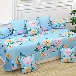 MORADO Diwan Set Covers 8 Pieces Premium Glace Cotton Designer Printed Standard Diwan Set (1 Single Bedsheet, 2 Bolster Covers, 5 Cushion Covers) - Sky Blue-image-99