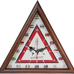 LINE Wood - Vintage Triangle Shape Wooden Wall Clock, 30 cm x 26 cm, Multi-Country World Clock with Time Zones Antique Style for Home, Office, Bedroom Decor Gift Idea-picture-64