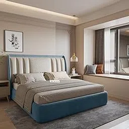 CRAFT GALLERY Modern Upholstered Double Size Bed with Box Storage for Bedroom | Wooden Double Bed with Storage | Platform Cot with Upholstery Premium Fabric | 6.5 x 4 Ft | Sheesham Wood (Light Blue)-image-0