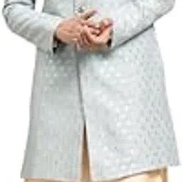 kisah Men's Indo-Western Kurta Sherwani Churidar Set, Blue Silk Blend, Jacquard Regular Fit Mandarin Collar Full Sleeves-picture-34