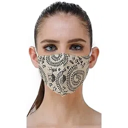 Beige Two Ply Cotton Fashion Mask with Block-Printed Warli Chakra of Life-image-6