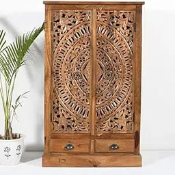 Goldview Furniture Solid Wood Hand-Carved Wardrobe with 2 Drawers | Solid Wood Almirah for Bedroom & Living Room | Brown Finish (W91.4 × L40.6 × H167.6 C-image-32
