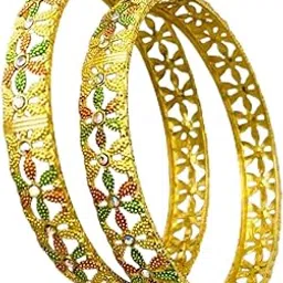 luxeglo Traditional Gold-Plated Bangles with Floral Design, Meenakari Work, Set of 2, Green and Brown-picture-43