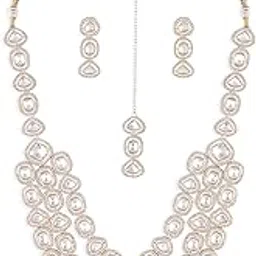 zaveri pearls Gold Tone Dazzling Stones Austrian Diamonds Layered Necklace Earring & Maangtikka Set For Women-ZPFK17998-picture-41