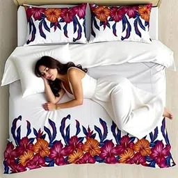 Floral Duvet Cover, Single Bed Size, White with Pink Orange Navy Design, Decorative Bedding-picture-19