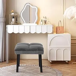 NEUMARK Gray Vanity Stool Ottoman Stool, Square Makeup Stool with Wooden Legs, Small Ottoman Stool Chair for Vanity, Modern Padded Sofa Seat Foot Rest Stool(Gray)-picture-10