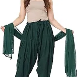 prabha creations PRABHA CREATIONSWoman's Plain Cotton Patiala Salwar with Dupatta Free Size || SEMI Patiala Pants with Dupatta || Patiyala with Dupatta| Multicolour (Dark Green)-picture-51