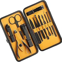 K Vajir12 in 1 Stainless Steel Nail Manicure SetK Scissors Grooming Kit with Peeling Knife, Nail Cleaning Knife, Acne needle, Blackhead Tool Leather Travel Case (Yellow)-picture-26